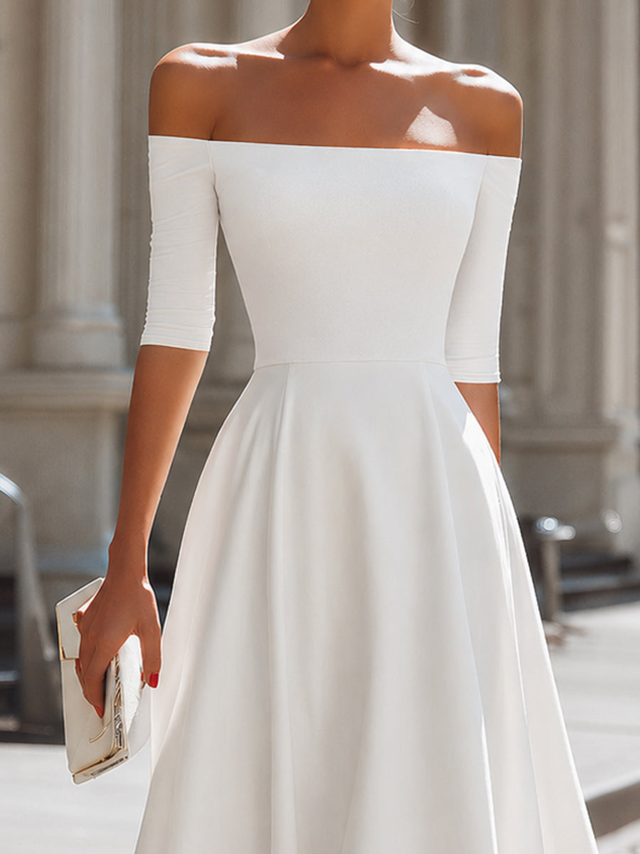 Off-Shoulder Fitted Bodice A-Line Midi Dress