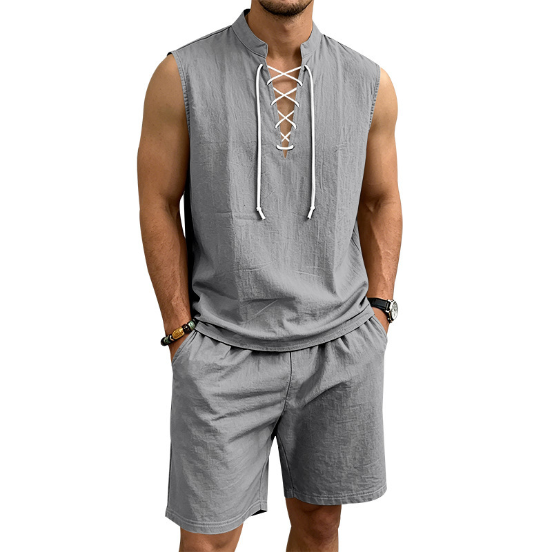 Dalviora™ Ensemble Haut Sans Manches à Lacets & Short en Lin pour Homme