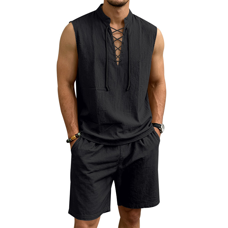 Dalviora™ Ensemble Haut Sans Manches à Lacets & Short en Lin pour Homme