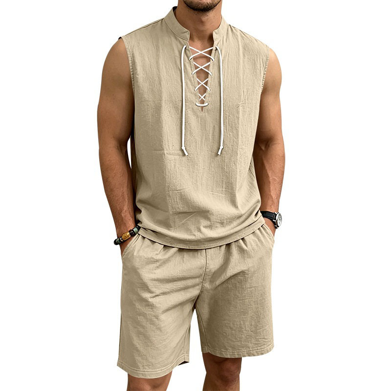 Dalviora™ Ensemble Haut Sans Manches à Lacets & Short en Lin pour Homme