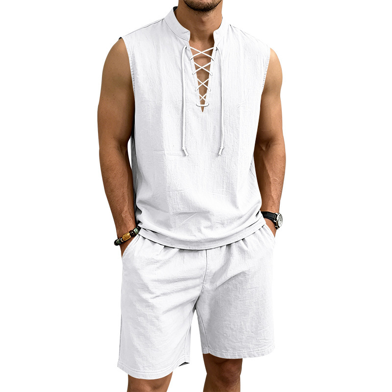 Dalviora™ Ensemble Haut Sans Manches à Lacets & Short en Lin pour Homme