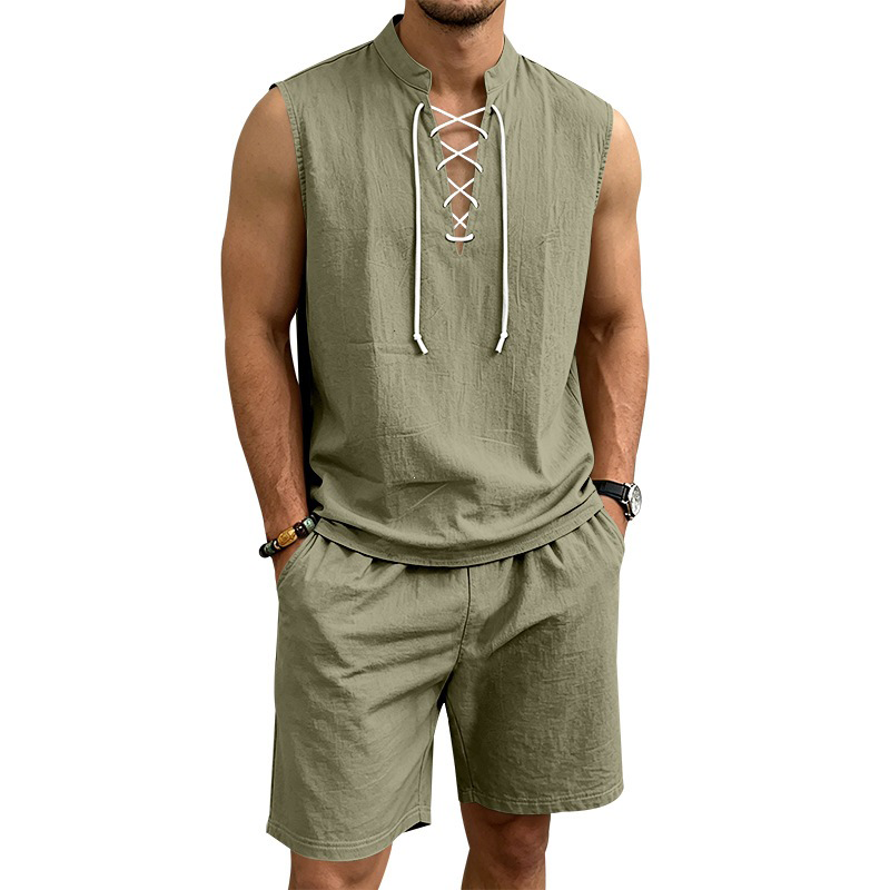 Dalviora™ Ensemble Haut Sans Manches à Lacets & Short en Lin pour Homme