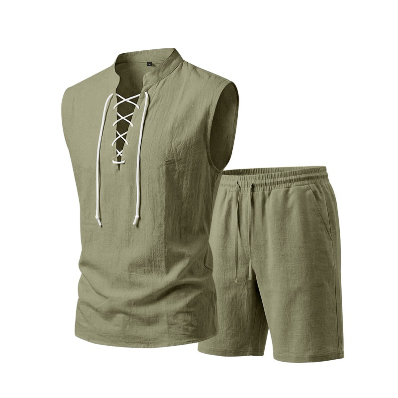 Dalviora™ Ensemble Haut Sans Manches à Lacets & Short en Lin pour Homme