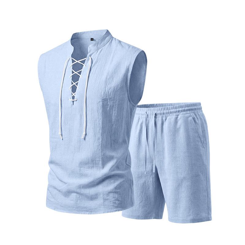 Dalviora™ Ensemble Haut Sans Manches à Lacets & Short en Lin pour Homme